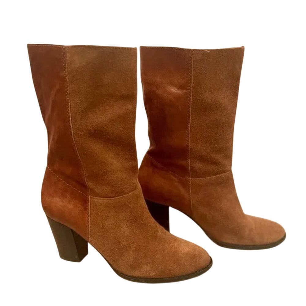 BLACK Saks Fifth Avenue Bark Tan Suede Chunky Heel Almond Toe Slip On Ankle Boot